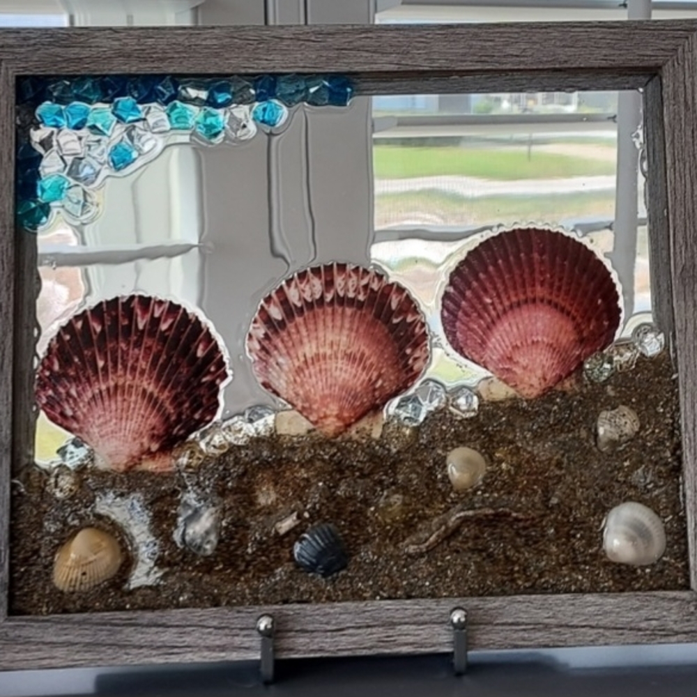 Seashell and Glass Art in Wooden Frame